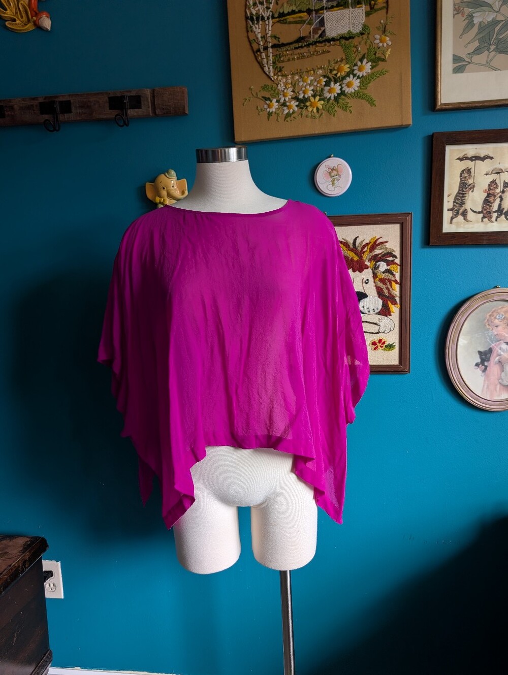 Eileen Fisher Sheer Silk Georgette Poncho Top Size XL Magenta Pink
